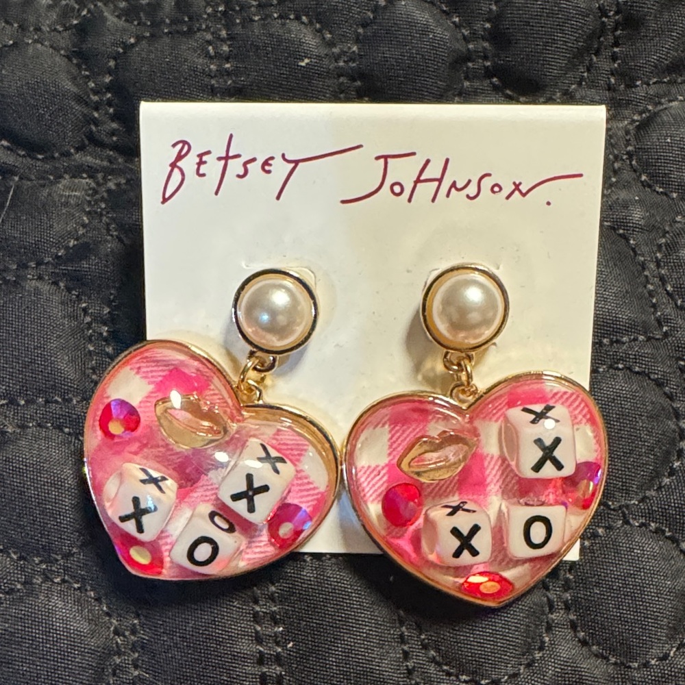 Betsey Johnson Pink Heart Earrings X O Lips Faux Pearl gold tone Posts Valentine